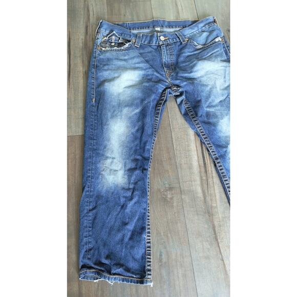 True Religion Mens Jeans 38 Slim Fit Blue Distressed Straight Leg Denim Casual - Picture 3 of 8